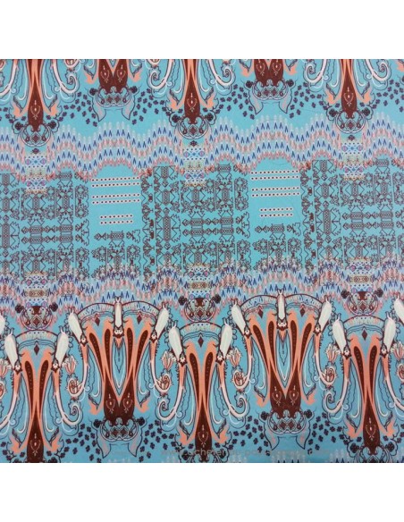 Tissu Satin coton légèrement strech bleu motif Ethnique corail marron - tissus habillement au mètre mercerie Biarritz