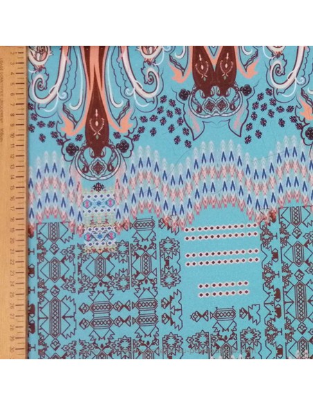 Satin coton légèrement strech bleu motifs ethniques marrons corail - tissu habillement au mètre Biarritz