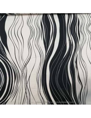 Tissu Satin coton légèrement strech noir et blanc motif vagues waves - tissus habillement au mètre mercerie Biarritz