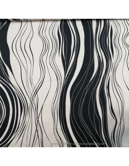 Tissu Satin coton légèrement strech noir et blanc motif vagues waves - tissus habillement au mètre mercerie Biarritz