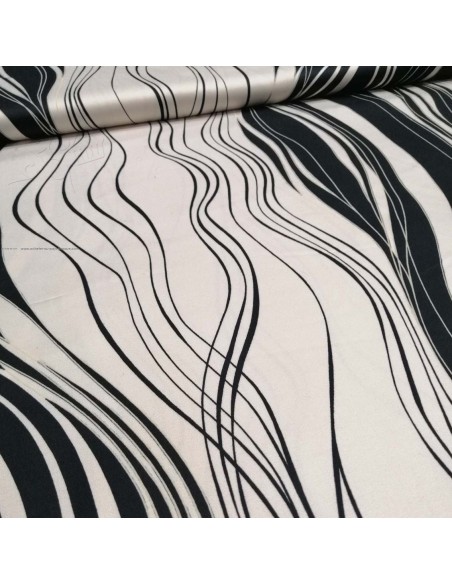 zoom Satin coton légèrement strech graphique lignes noires blanches - tissus habillement au mètre Biarritz