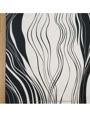Satin coton légèrement strech graphique ligne en mouvement noir blanc - tissu habillement au mètre
