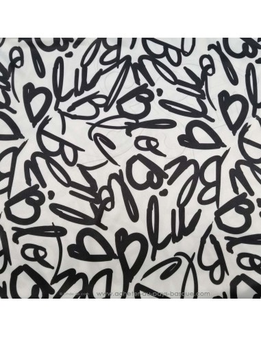 Tissu Satin polyester légèrement strech noir et blanc syllables mots - tissus habillement au mètre mercerie Biarritz