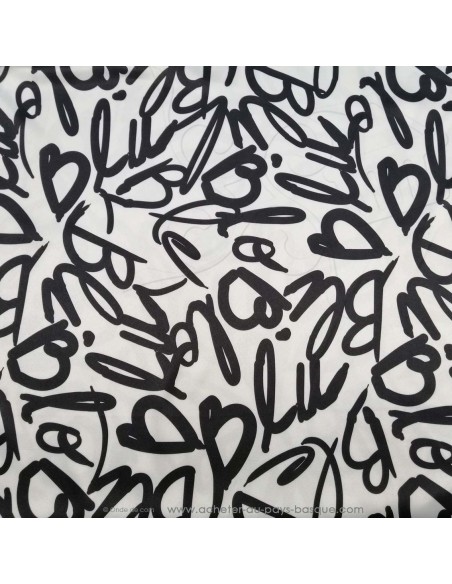 Tissu Satin polyester légèrement strech noir et blanc syllables mots - tissus habillement au mètre mercerie Biarritz