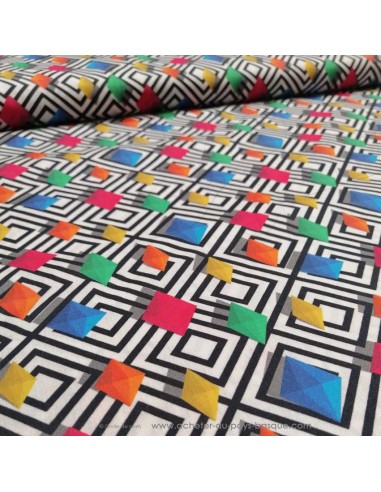 zoom tissu Coton Greta Gemmes diamants multicolore fond losange noir blanc -Tissus habillement au mètre vente en ligne