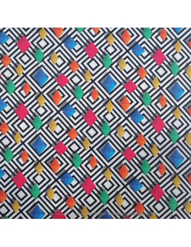 Coton Greta Gemmes diamants multicolore tissu sur fond losange noir blanc -Tissus habillement au mètre vente en ligne