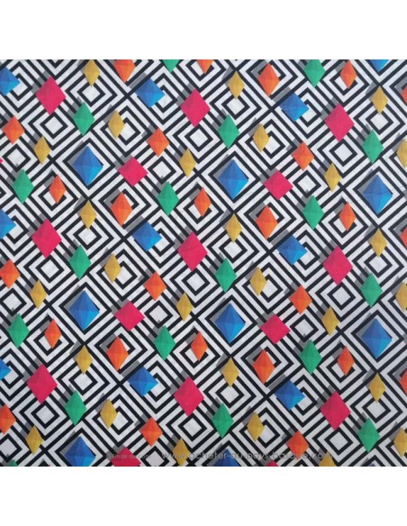 Coton Greta Gemmes diamants multicolore tissu sur fond losange noir blanc -Tissus habillement au mètre vente en ligne