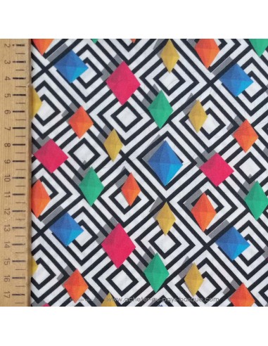 Tissu Coton Greta Gemme diamant multicolore fond losange noir blanc - Tissus habillement au mètre vente en ligne Dock Biarritz