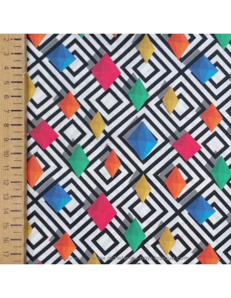 Tissu Coton Greta Gemme diamant multicolore fond losange noir blanc - Tissus habillement au mètre vente en ligne Dock Biarritz