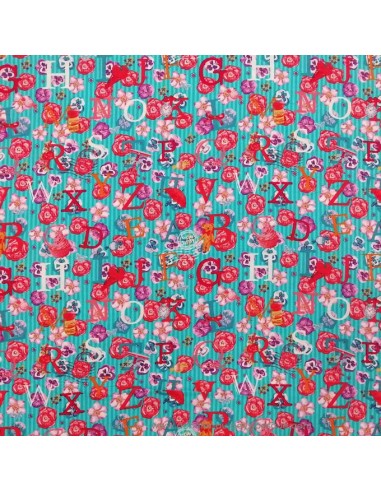 Tissu Coton rayures bleues alphabet lettres fleurs OEKO TEX - tissus habillement au mètre vente en ligne