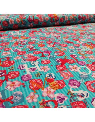 zoom Tissu Coton rayure bleue alphabet lettre fleur OEKO TEX - tissus habillement au mètre vente en ligne Docks Biarritz