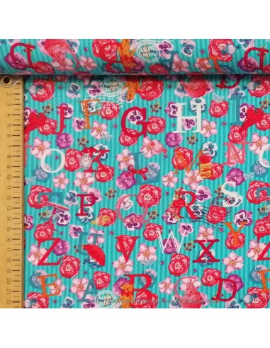 Coton habillement rayé bleu alphabet lettres fleurs OEKO TEX - vente en ligne tissus au mètre - vetement couturiere