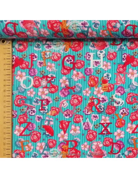 Coton habillement rayé bleu alphabet lettres fleurs OEKO TEX - vente en ligne tissus au mètre - vetement couturiere