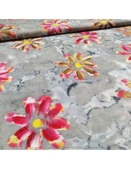 zoom Coton Batik tie dye gris effet marbre fleur peinte texture peinture - tissus habillement au mètre Biarritz