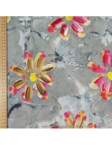 Coton Batik tie and dye gris fleurs peintes avec texture peinture - tissus habillement vente en ligne