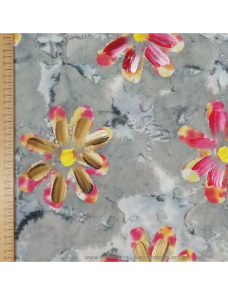 Coton Batik tie and dye gris fleurs peintes avec texture peinture - tissus habillement vente en ligne