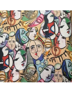 Tissu Coton Stretch Jean élastane impression visage abstrait Peinture musique - tissus habillement au mètre vente en ligne