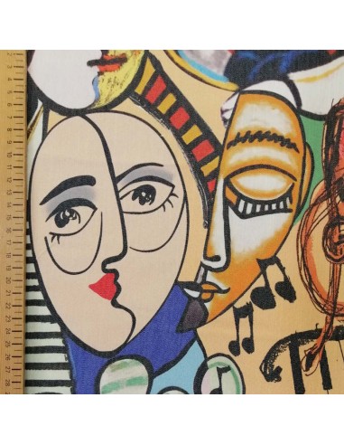 zoom Tissu Jean élastane Coton Stretch visage abstrait Peinture musique - tissus habillement au mètre - couturiere Biarritz