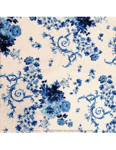 Tissu Piqué PolyCoton blanc bouquet roses bleues vieille céramique relief - Tissus habillement au mètre vente en ligne