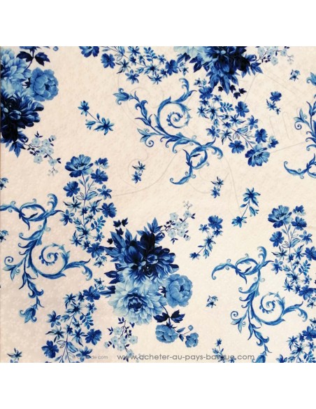 Tissu Piqué PolyCoton blanc bouquet roses bleues vieille céramique relief - Tissus habillement au mètre vente en ligne