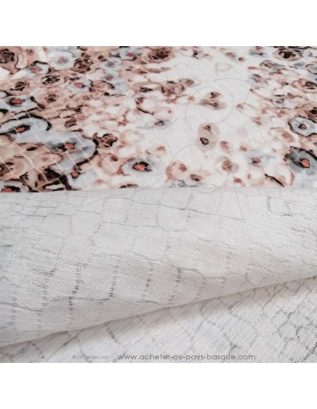 Verso Piqué PolyCoton blanc bouquet roses relief damier - Tissus habillement au mètre vente en ligne Biarritz