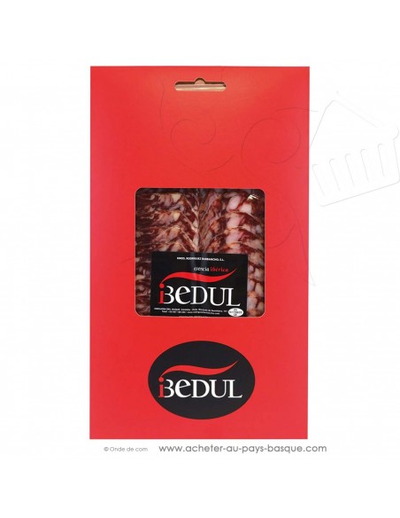 Saucisson Iberico Extra en tranche - 100g sous vide dans un bel emballage cartonné. Ce produit voyage sous température dirigée.