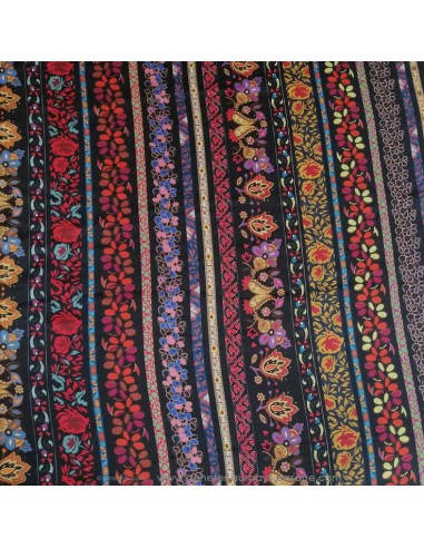 Tissu soie noire bandes de fleurs made in Italie - tissus habillement soie italienne haute couture - vetement sur mesure