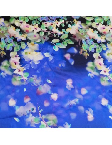 Tissu satin de soie bleu orchidées fleurs made in Italie - tissus habillement soie italienne haute couture - vetement sur mesure