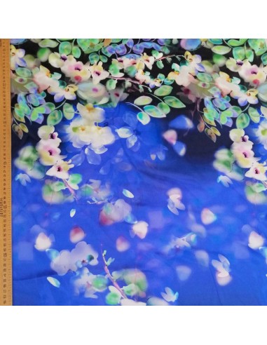 Tissu satin de soie bleue fleur d'orchidées Italie - tissus habillement soie italienne haute couture - mercerie Biarritz