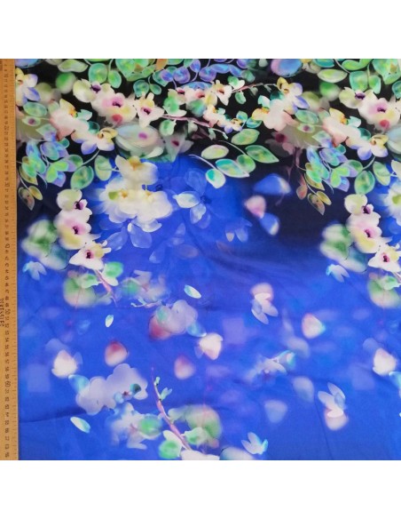Tissu satin de soie bleue fleur d'orchidées Italie - tissus habillement soie italienne haute couture - mercerie Biarritz