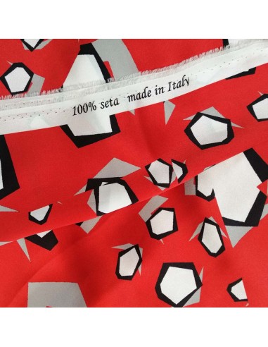 Tissu 100% soie rouge hexagones made in Italie - tissus habillement soie italienne haute couture - vetement sur mesure