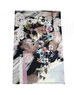 Tissu soie noire fleur peinture Italie - tissus habillement soie italienne haute couture - vetement sur mesure