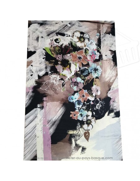 Tissu soie noire fleur peinture Italie - tissus habillement soie italienne haute couture - vetement sur mesure