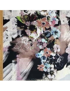 Tissu soie noire fleur peinture Italie - tissus habillement soie italienne haute couture - vetement sur mesure 2