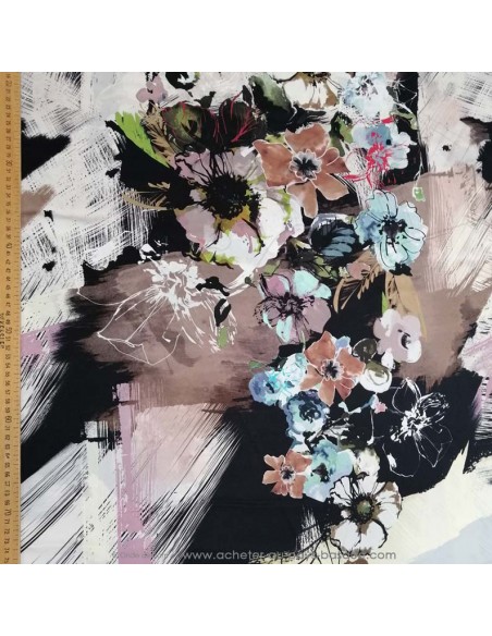 Tissu 100% soie noire fleurs peinture bouquet Italie - tissus habillement soie italienne haute couture - mercerie Biarritz