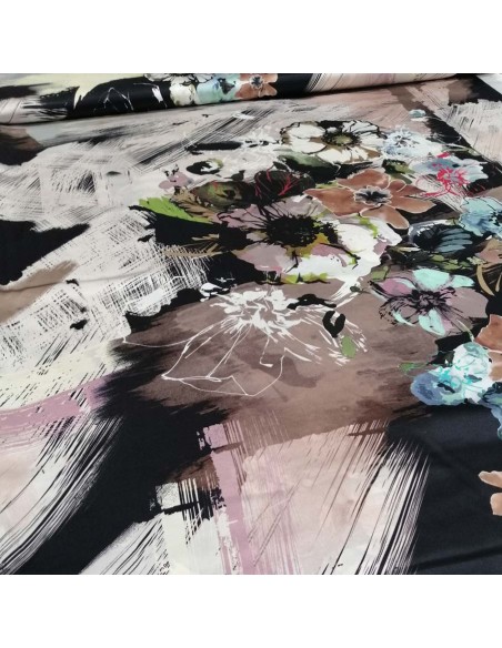 zoom Tissu 100% soie noir blanc gris fleurs - tissus habillement soie italienne haute couture - mercerie Biarritz