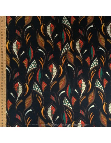Tissu soie noire motifs ethniques feuilles Italie - tissus habillement soie italienne haute couture - mercerie Biarritz