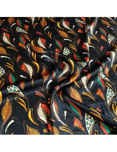 Zoom soie noire feuille ethnique verticale - tissus habillement soie italienne haute couture - vetement couturiere sur mesure