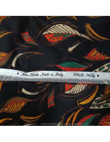 Zoom soie noire italie feuille ethnique - tissus habillement soie italienne haute couture - vetement couturiere sur mesure