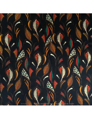 Tissu soie noire feuilles ethnique Italie - tissus habillement soie italienne haute couture - vetement sur mesure