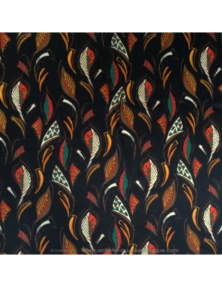Tissu soie noire feuilles ethnique Italie - tissus habillement soie italienne haute couture - vetement sur mesure