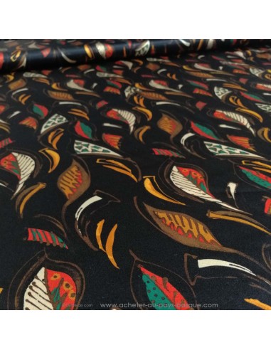 zoom Tissu soie noir feuille blanc jeune orange - tissus habillement soie italienne haute couture - mercerie Biarritz