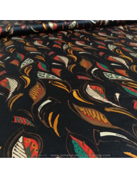 zoom Tissu soie noir feuille blanc jeune orange - tissus habillement soie italienne haute couture - mercerie Biarritz