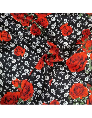 Zoom soie fleurie noir blanc rouge bouquet - tissus habillement soie italienne haute couture - vetement couturiere sur mesure
