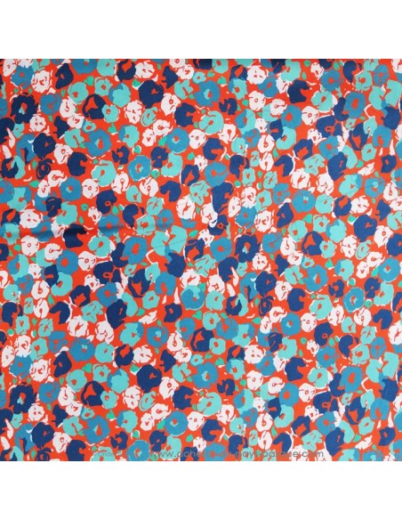 Tissu soie orange fleurs bleues made in Italie - tissus habillement soie italienne haute couture - vetement sur mesure