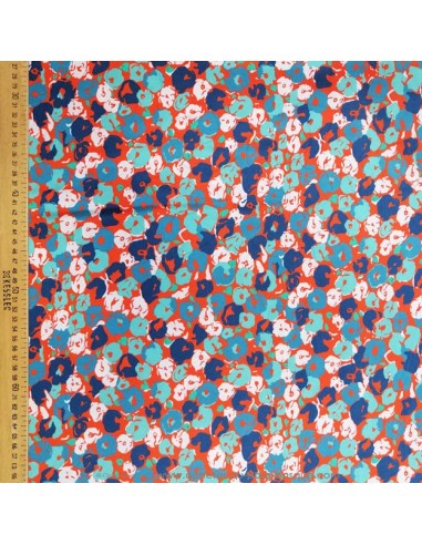 Tissu 100% soie fleurie orange fleur bleue Italie - tissus habillement soie italienne haute couture - mercerie Biarritz