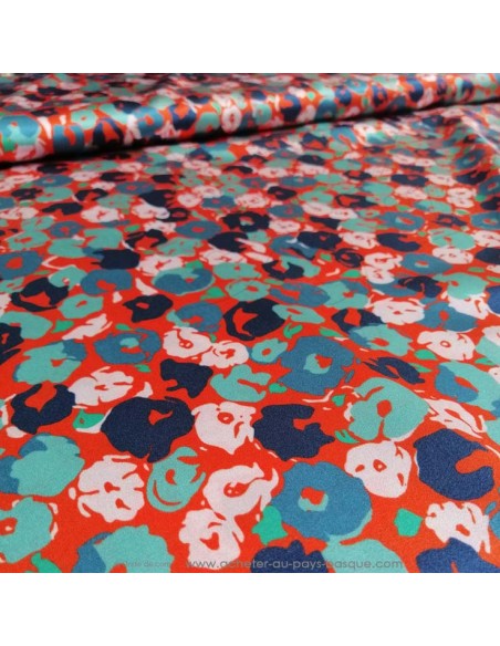 zoom Tissu 100% soie orange bleue blanc fleur - tissus habillement soie italienne haute couture - mercerie Biarritz