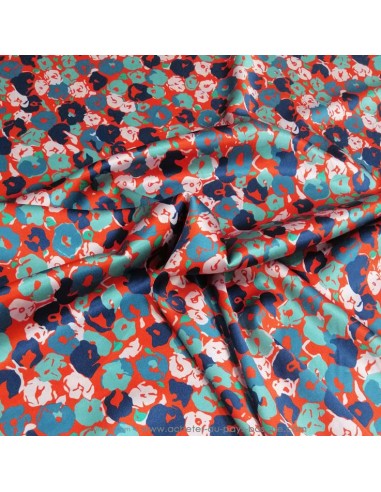 Zoom 100% soie orange fleurie bleu - tissus habillement soie italienne haute couture - vetement couturiere sur mesure