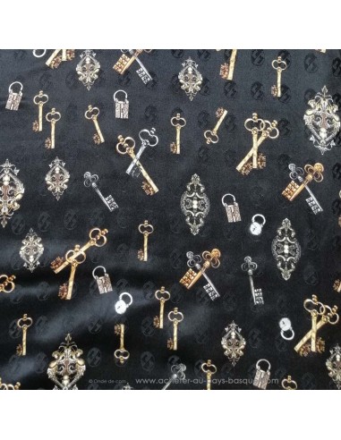 Tissu soie noire clés or argent made in Italie - tissus habillement soie italienne haute couture - vetement sur mesure
