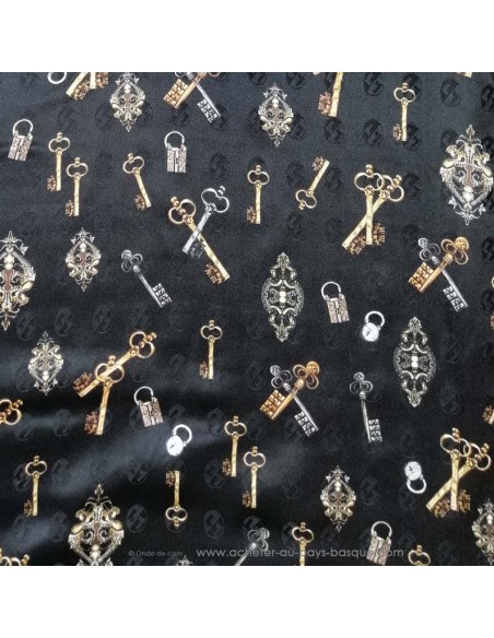 Tissu soie noire clés or argent made in Italie - tissus habillement soie italienne haute couture - vetement sur mesure
